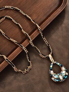 Baroque Necklace Colorful Teardrop Pendant Shades of Blue Embellished Crystals
